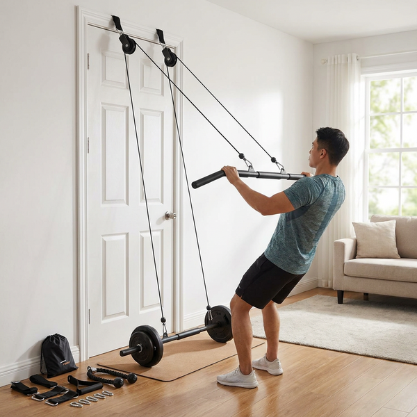 Using the door-mounted cable pulley system for a home workout