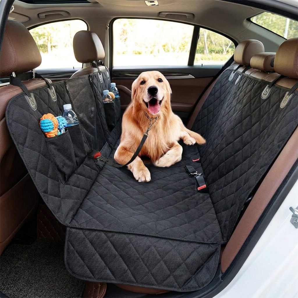 A dog sitting on the waterproof quilted car seat cover