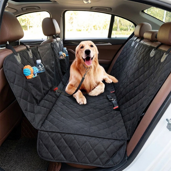 A dog sitting on the waterproof quilted car seat cover