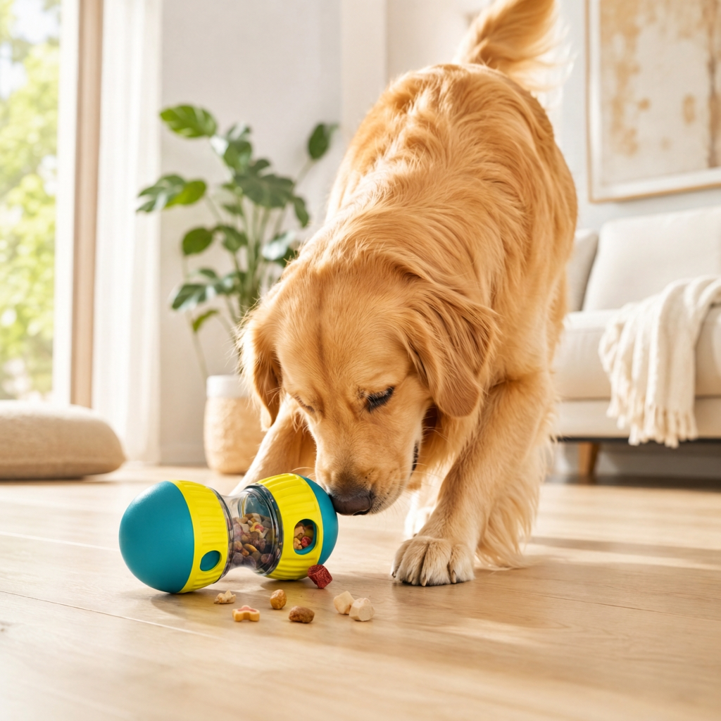 A dog playing with the wobble treat-dispensing enrichment toy