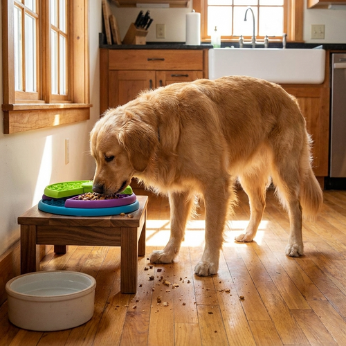 A dog eating from the anti-reflux elevated bowl